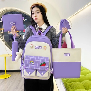Five-piece purple and beige student backpack set with tote bag and pencil case