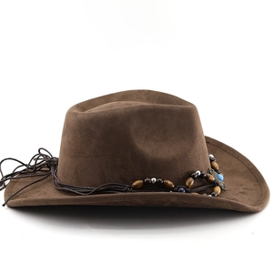 Detailed texture of dark brown suede cowboy hat with turquoise and beaded hatband
