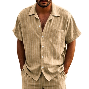 Detail of khakhi men's striped cotton linen short sleeve shirt and shorts set