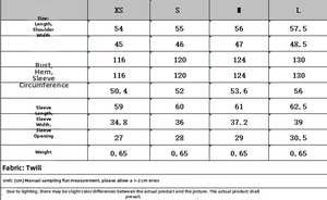Detailed size chart for women casual lapel jacket with chest, shoulder and sleeve measurements