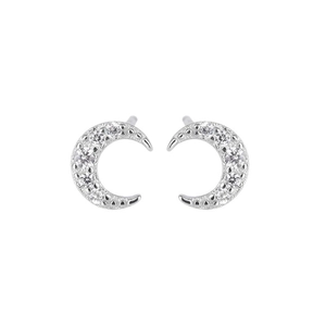 Minimalist moon shaped stud earrings with sparkling pavé cubic zirconia in silver plating