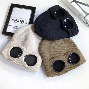 Winter windproof knit goggle beanie for men and women in black, beige and khaki colors