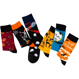 Set of 6 Halloween crew socks featuring pumpkins, skulls, bats, and colorful patterns