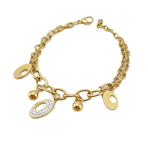 Double-layered 18K gold plated stainless steel bracelet with oval pendants and crystals