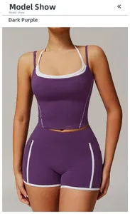 Detail eines dunkelvioletten Yoga-Sets mit weißen Kontrastnähten und hohem Halt