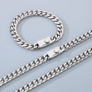 Silver stainless steel Miami Cuban link chain necklace and bracelet set with gear pattern