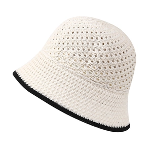 Women's summer breathable knit bucket hat in beige with black contrast trim edge