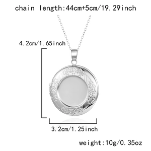 Detailed size specifications for engraved silver locket pendant with chain dimensions