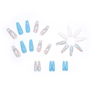 Long coffin press-on nails set in sky blue and white wave design for summer