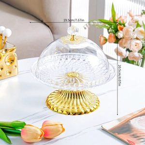European fruit tray with gold metal base and glass lid measuring 19.5cm x 20.5cm
