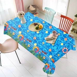 Rectangle pool party tablecloth featuring blue water patterns and summer beach elements