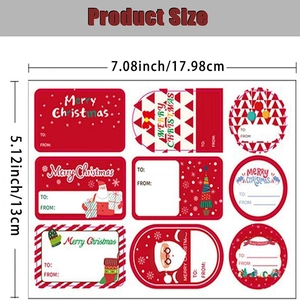 Detailed size chart for Christmas gift tag stickers with Merry Christmas greeting design