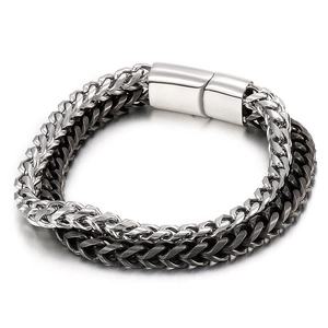 Mens double-layer chain bracelet in silver and gun black steel with magnetic clasp