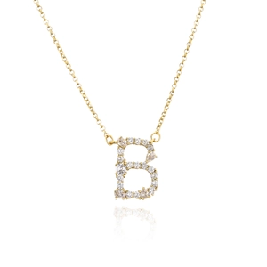 Gold letter B pendant necklace with micro-paved cubic zirconia crystals in elegant style