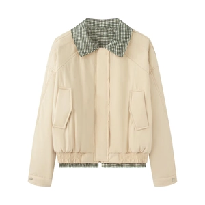 Beige verkürzte Bomberjacke mit Karokragen im Retro-Stil und strukturierter Mattoptik
