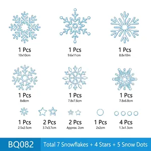 Detailed size chart for blue snowflake window stickers featuring stars and dot decals
