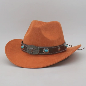 Western cowboy hat in tan felt with cattle head metal buckle and turquoise band