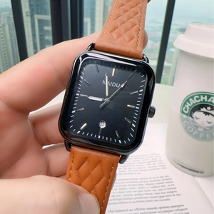 NAIDU women's square quartz watch with brown leather strap in an urban lifestyle setting
