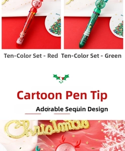 Detail of Christmas 10-color ballpoint pens with cartoon antler and tree designs