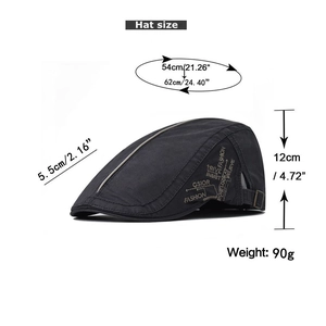Flat cap size chart showing 54-62cm adjustable head circumference and 12cm depth details