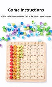 Close-up of wooden multiplication board with colorful numeric cylinders for math learning