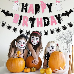 Pink and black glitter Halloween Happy Birthday banner with ghosts, bats, and spiders