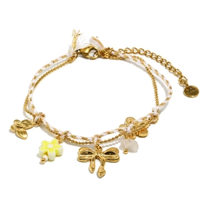 Bohemian gold stainless steel charm bracelet with resin flowers and butterfly pendants