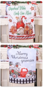 Detailed fabric texture of Christmas chair covers with festive gnome and gingerbread designs