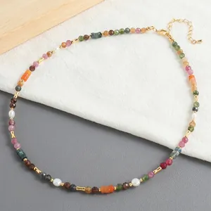 Handmade Beaded Necklace With Natural Freshwater Pearl And Tourmaline Gemstone Gold Plated Copper Sweet Dopamine Style