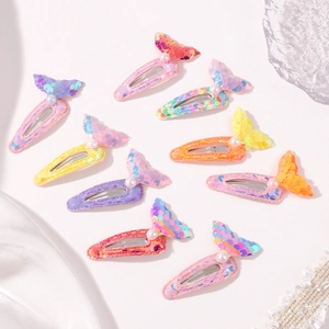 Set of 10 colorful sequin mermaid tail hair clips with pearls for girls and children