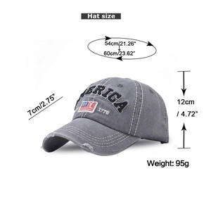Detailed size specifications for washed gray USA flag baseball cap with 54-60cm adjustable strap
