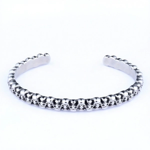 Punk retro skull embossed silver metal open bangle bracelet with adjustable C-shape