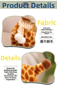 Detailed close-up showing soft plush giraffe texture and yellow striped scarf accessory