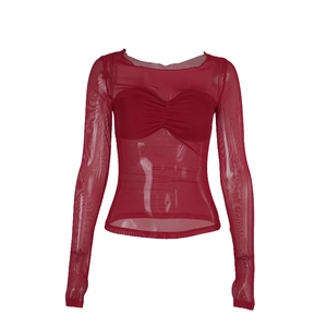 Sexy sheer red mesh long-sleeve top for women with chic pleated chest design