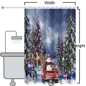 Detailed size chart of Christmas snowman shower curtain showing width and height measurements