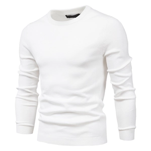 Detail of white men's slim fit crew neck sweater showing vertical ribbed knit texture