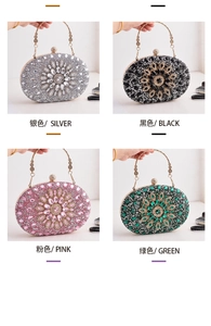 Detailed comparison of luxury rhinestone clutch bags in silver, black, pink and green