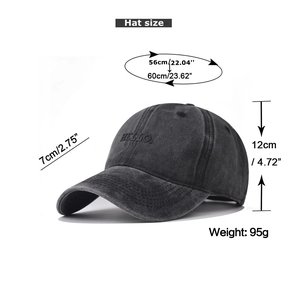 Guide des tailles pour casquette grise délavée avec broderie HELLO et tour de tête 56-60cm