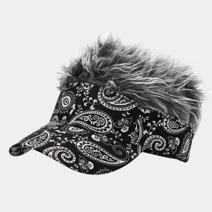 Fashionable paisley print visor hat featuring gray synthetic wig in a 45-degree angle view