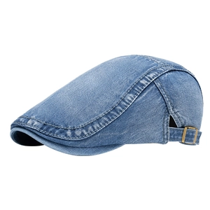 Classic blue washed denim flat cap with adjustable metal buckle and stitching details