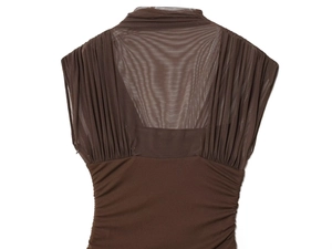 Detailed view of dark brown mesh stitching and pleated fabric texture on dress back