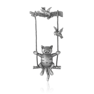Vintage silver finish cat and birds on a swing brooch pin for clothing decoration