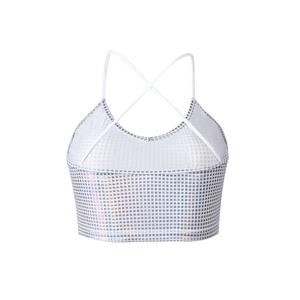 Detail of silver sequin crop top featuring thin straps and crisscross back design
