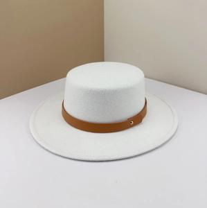 White flat top wool fedora hat with brown leather belt and gold metal stud detail