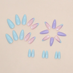 Blue and purple almond press-on nails with French tips and simple white floral designs