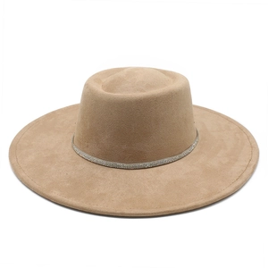 Elegant camel faux suede wide brim fedora hat with sparkling rhinestone band trim