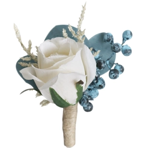 White silk rose boutonniere with blue berries and burlap twine stem for wedding suits