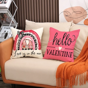 Valentine's Day heart throw pillow covers featuring gnomes and festive letter prints
