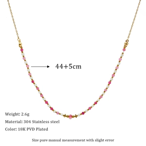 Detail of 18K gold-plated stainless steel necklace with pink beads and size specs
