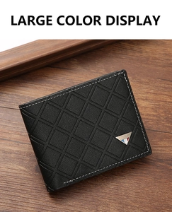 Detailed view of black plaid leather wallet with geometric pattern and metal logo